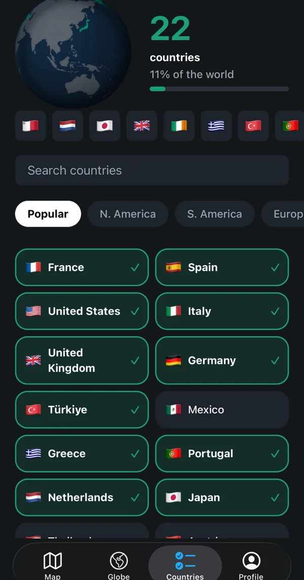 beenzy country list with visited countries ticked