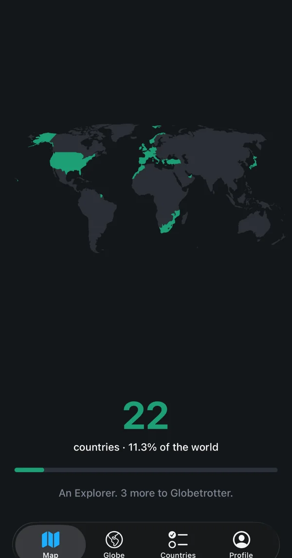 beenzy flat world map with visited countries in green